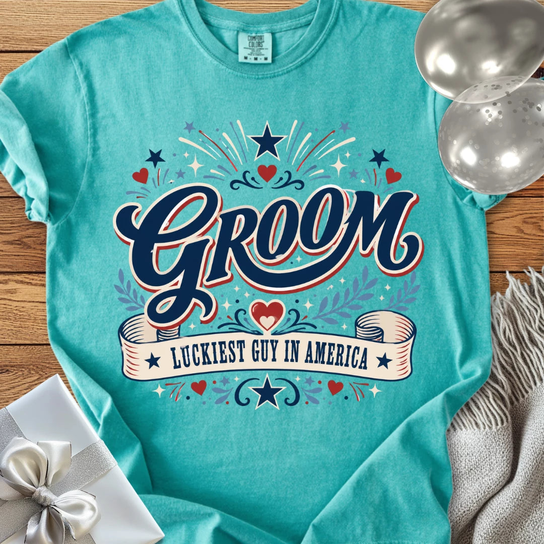 Groom, Luckiest Guy in America - Premium Wedding T-Shirt