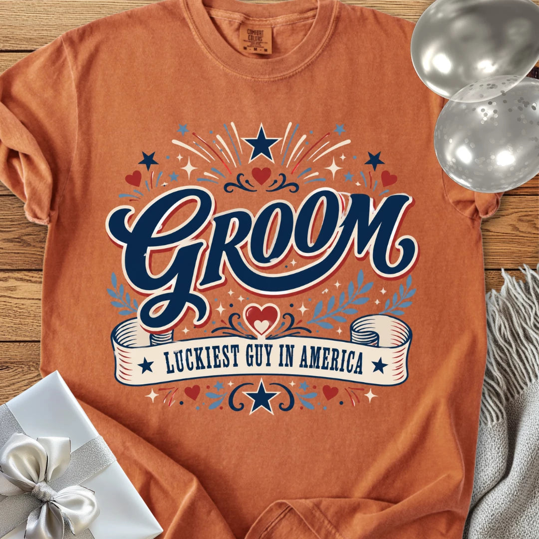 Groom, Luckiest Guy in America - Premium Wedding T-Shirt