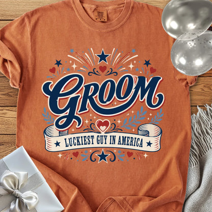 Groom, Luckiest Guy in America - Premium Wedding T-Shirt