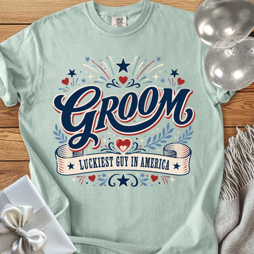 Groom, Luckiest Guy in America - Premium Wedding T-Shirt