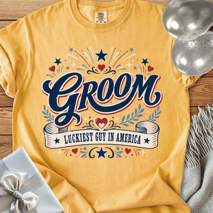 Groom, Luckiest Guy in America - Premium Wedding T-Shirt