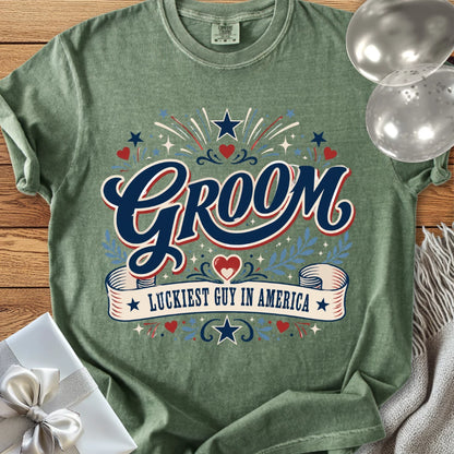 Groom, Luckiest Guy in America - Premium Wedding T-Shirt