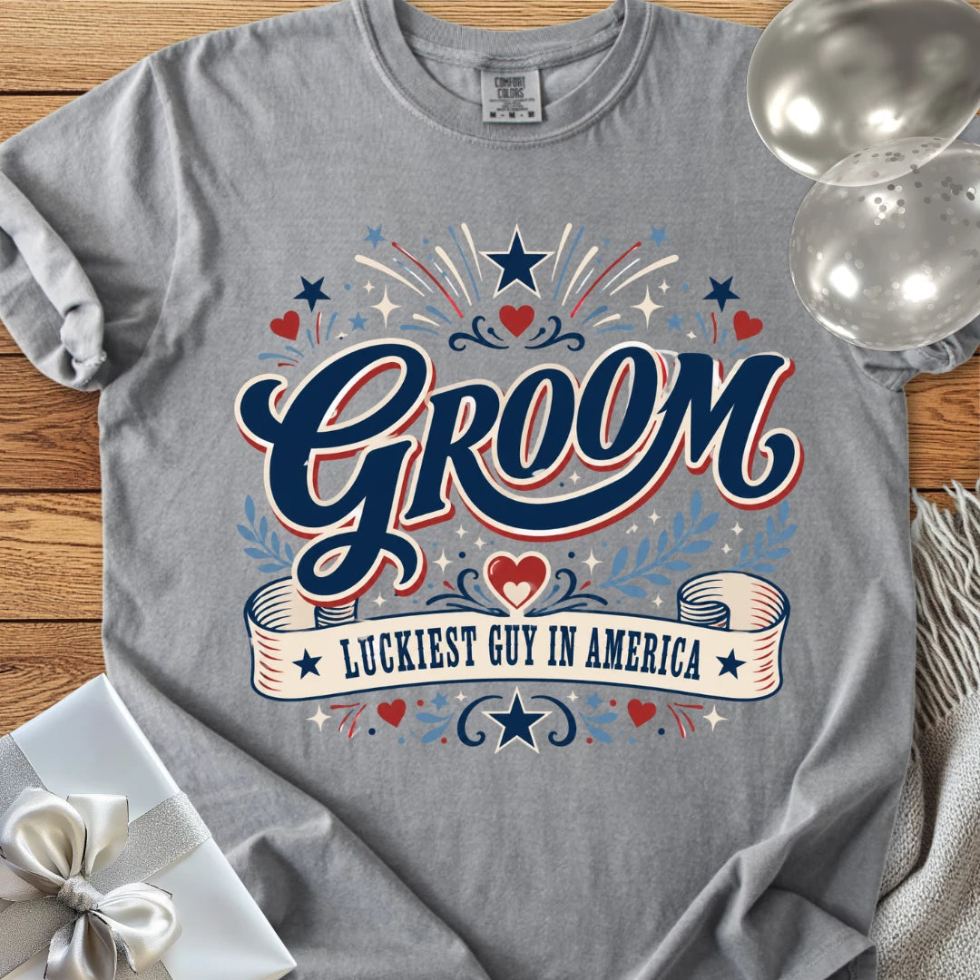 Groom, Luckiest Guy in America - Premium Wedding T-Shirt
