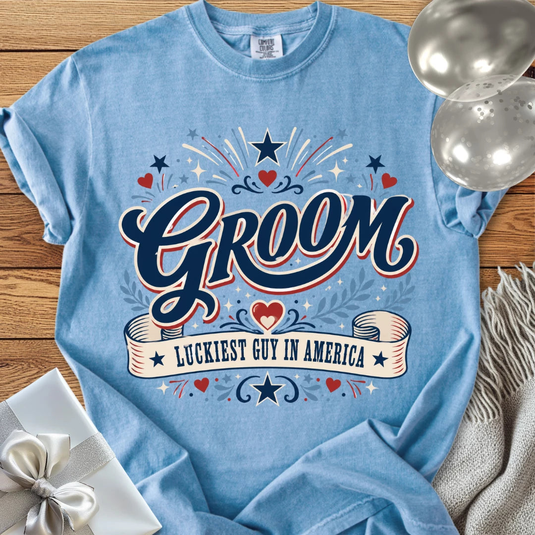 Groom, Luckiest Guy in America - Premium Wedding T-Shirt