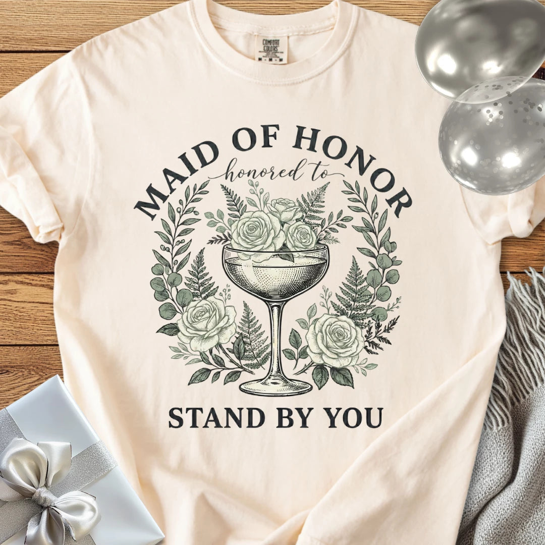 Maid of Honor, Honored to Stand by You - Premium Vintage Botanical Wedding T-Shirt