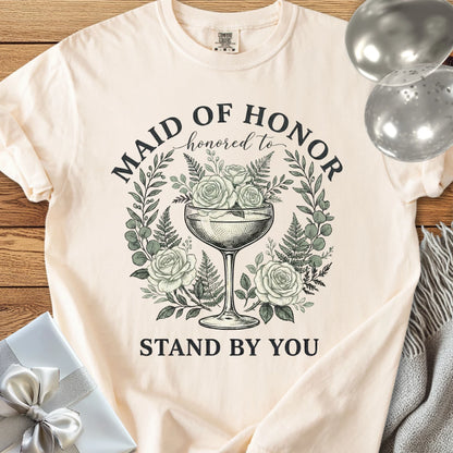 Maid of Honor, Honored to Stand by You - Premium Vintage Botanical Wedding T-Shirt