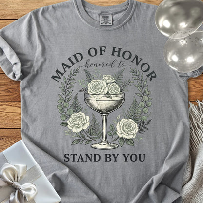 Maid of Honor, Honored to Stand by You - Premium Vintage Botanical Wedding T-Shirt