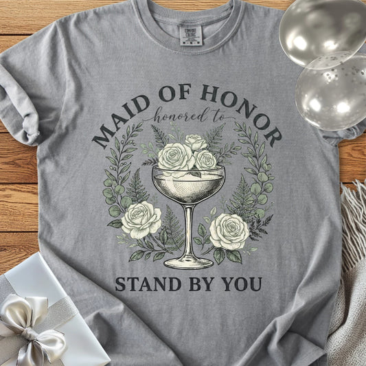 Maid of Honor, Honored to Stand by You - Premium Vintage Botanical Wedding T-Shirt