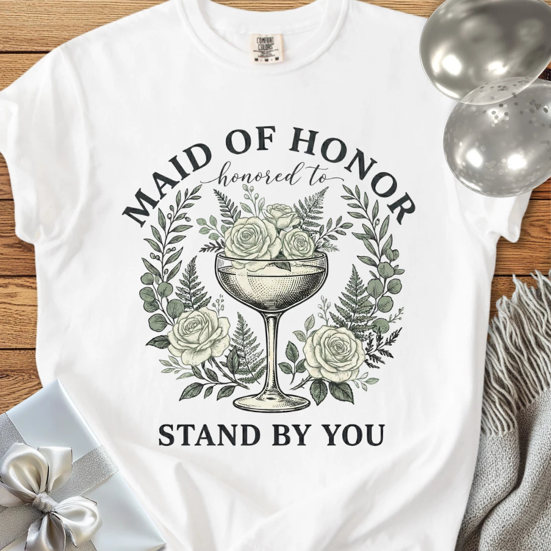 Maid of Honor, Honored to Stand by You - Premium Vintage Botanical Wedding T-Shirt