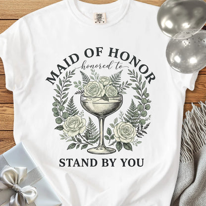 Maid of Honor, Honored to Stand by You - Premium Vintage Botanical Wedding T-Shirt