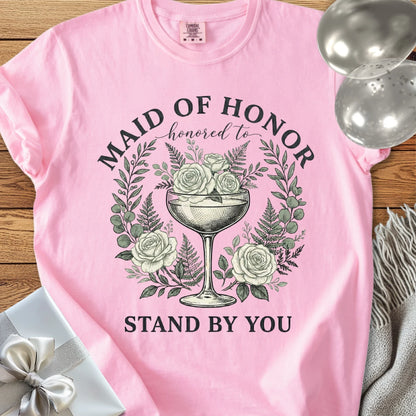 Maid of Honor, Honored to Stand by You - Premium Vintage Botanical Wedding T-Shirt