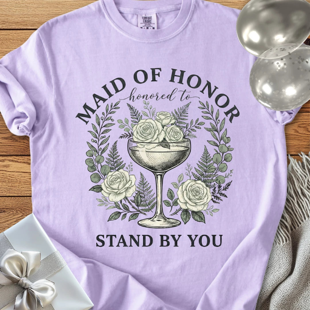 Maid of Honor, Honored to Stand by You - Premium Vintage Botanical Wedding T-Shirt