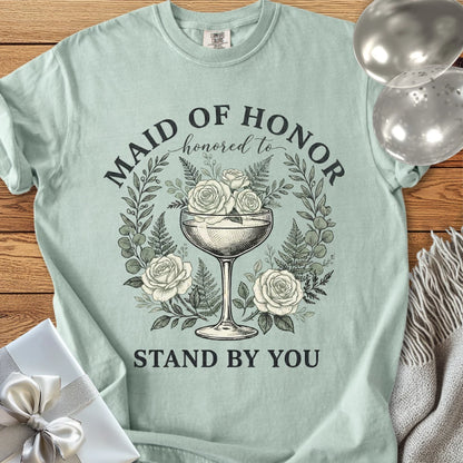 Maid of Honor, Honored to Stand by You - Premium Vintage Botanical Wedding T-Shirt
