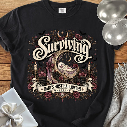 Surviving Baby's First Halloween, Barely - Premium Halloween New Parent T-Shirt