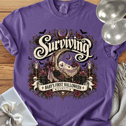 Surviving Baby's First Halloween, Barely - Premium Halloween New Parent T-Shirt