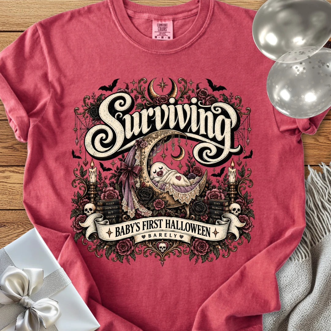 Surviving Baby's First Halloween, Barely - Premium Halloween New Parent T-Shirt