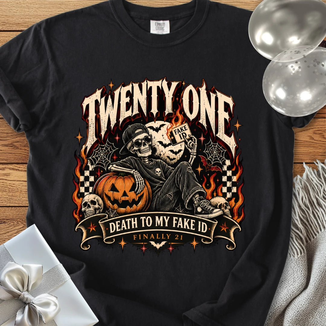 Twenty One: Death to My Fake ID - Premium Halloween 21st Birthday T-Shirt