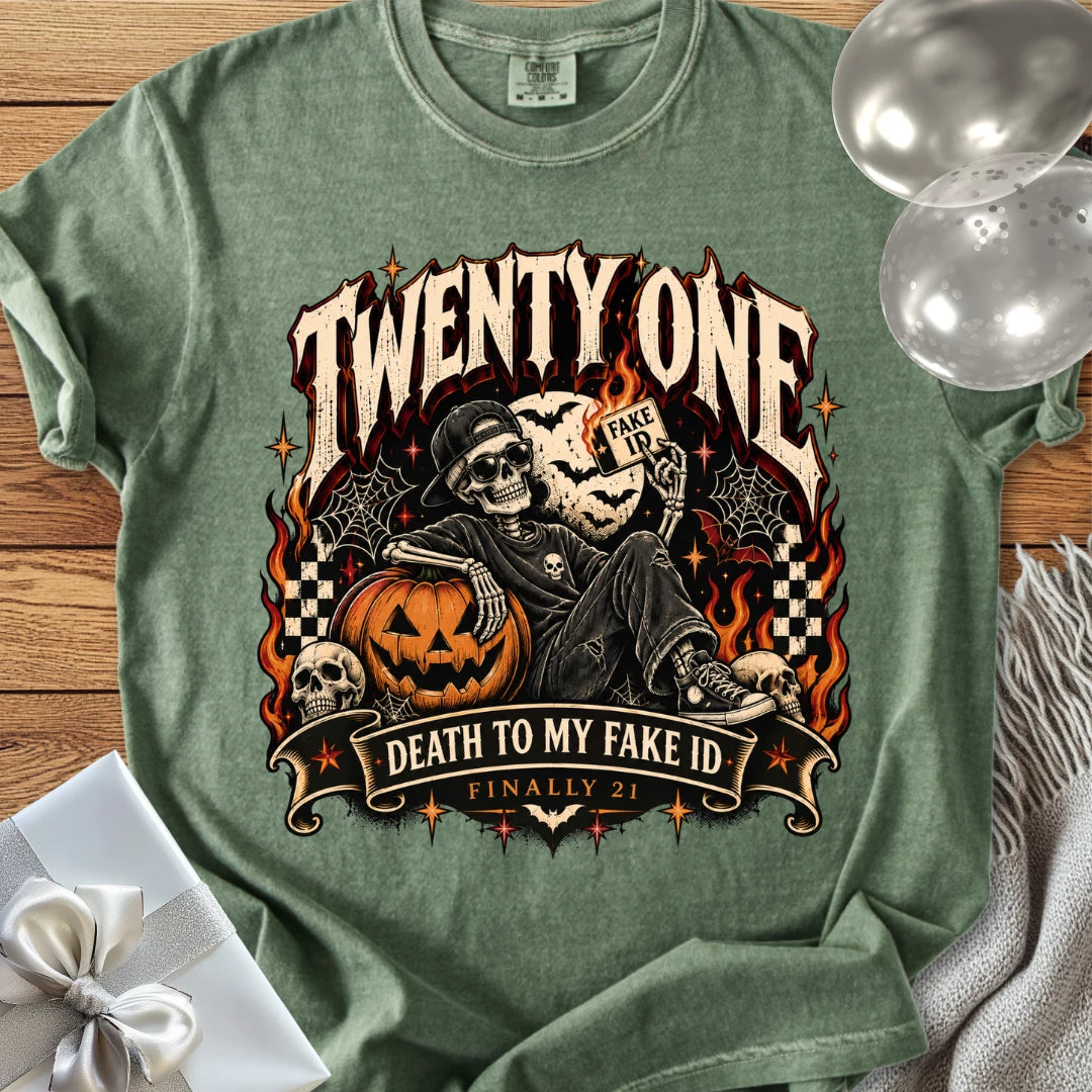 Twenty One: Death to My Fake ID - Premium Halloween 21st Birthday T-Shirt