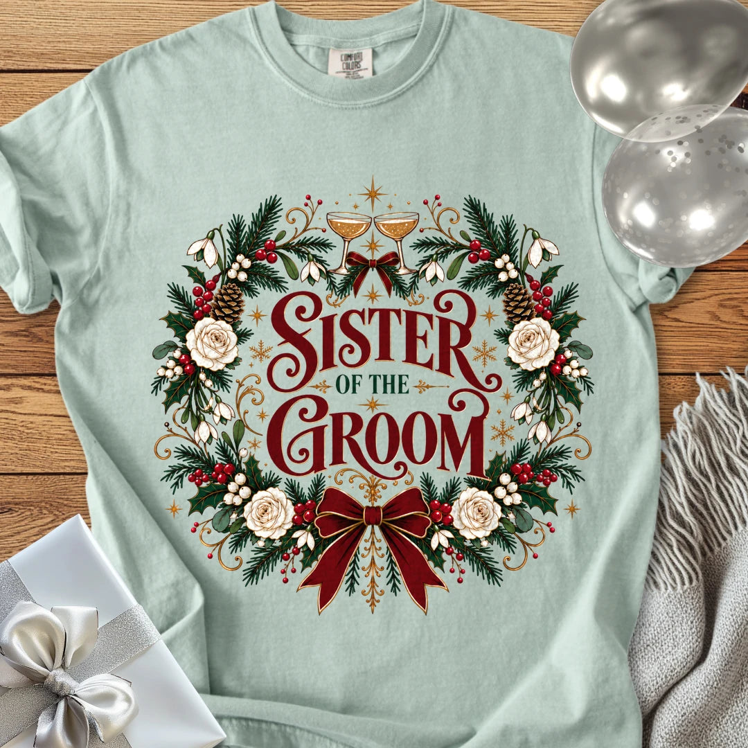 Sister of the Groom - Premium Winter Crest Wedding T-Shirt - Bay
