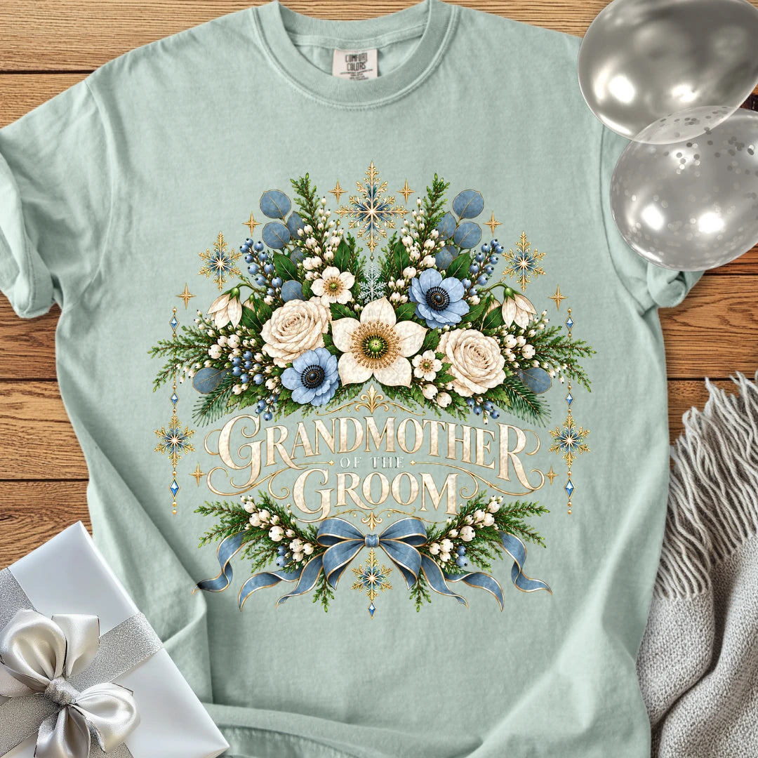 Grandmother of the Groom - Premium Winter Botanical Wedding T-Shirt - Bay