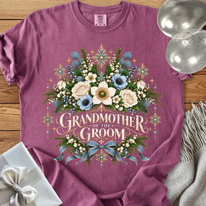 Grandmother of the Groom - Premium Winter Botanical Wedding T-Shirt - Berry