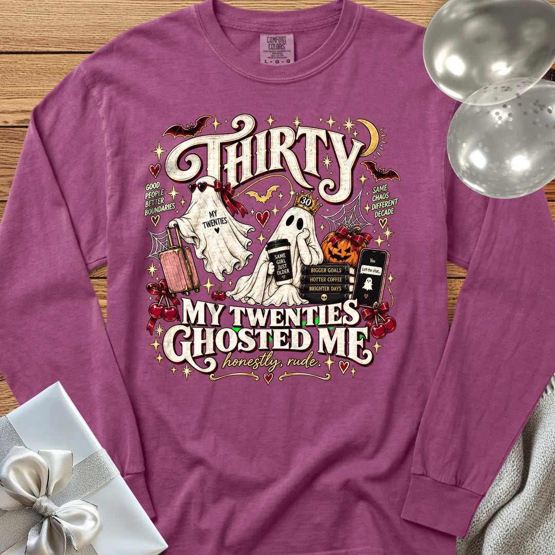 Thirty, My Twenties Ghosted Me - Premium Halloween 30th Birthday Long Sleeve T-Shirt - Berry
