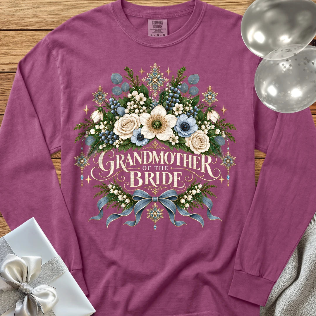 Grandmother of the Bride - Premium Winter Botanical Wedding Long Sleeve T-Shirt - Berry