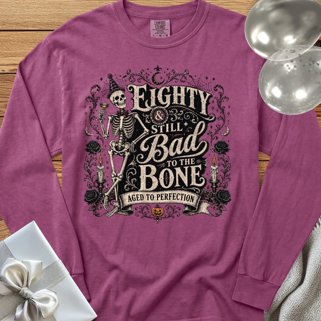 Eighty & Still Bad to the Bone - Premium Halloween 80th Birthday Long Sleeve T-Shirt - Berry
