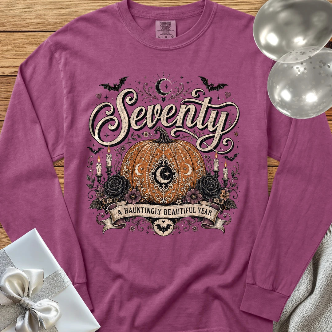 Seventy, A Hauntingly Beautiful Year - Premium Halloween 70th Birthday Long Sleeve T-Shirt - Berry