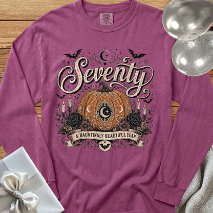 Seventy, A Hauntingly Beautiful Year - Premium Halloween 70th Birthday Long Sleeve T-Shirt - Berry
