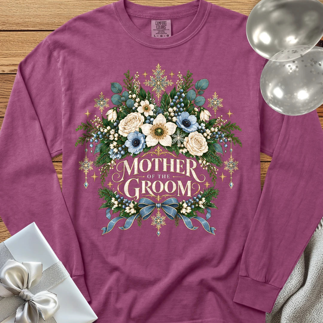 Mother of the Groom - Premium Winter Botanical Wedding Long Sleeve T-Shirt - Berry