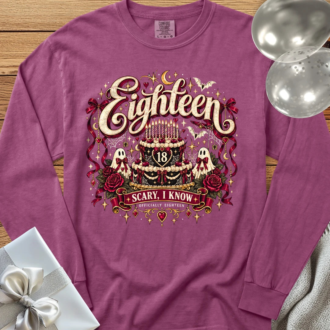 Eighteen - Scary, I Know - Premium Halloween 18th Birthday Long Sleeve T-Shirt - Berry