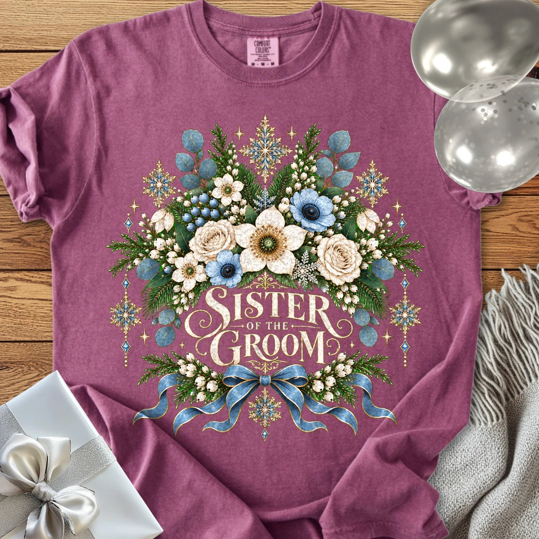 Sister of the Groom - Premium Winter Botanical Wedding T-Shirt - Berry