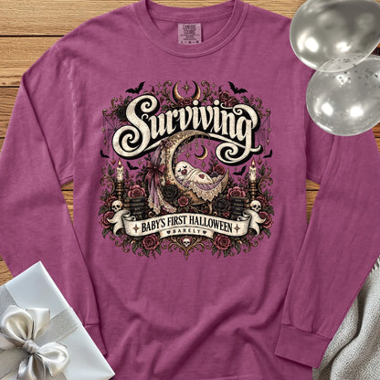 Surviving Baby's First Halloween, Barely - Premium Halloween New Parent Long Sleeve T-Shirt - Berry