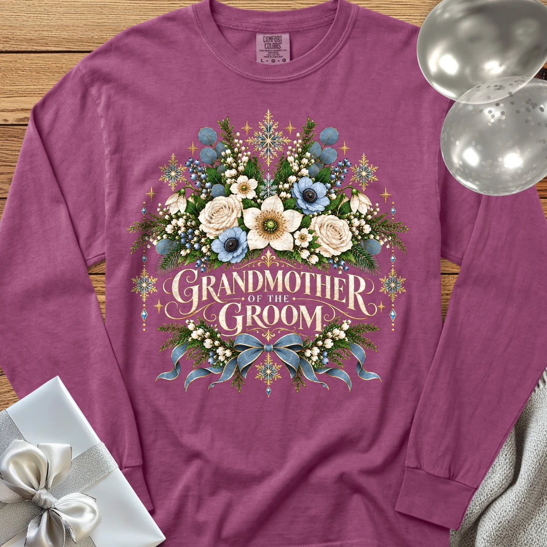 Grandmother of the Groom - Premium Winter Botanical Wedding Long Sleeve T-Shirt - Berry