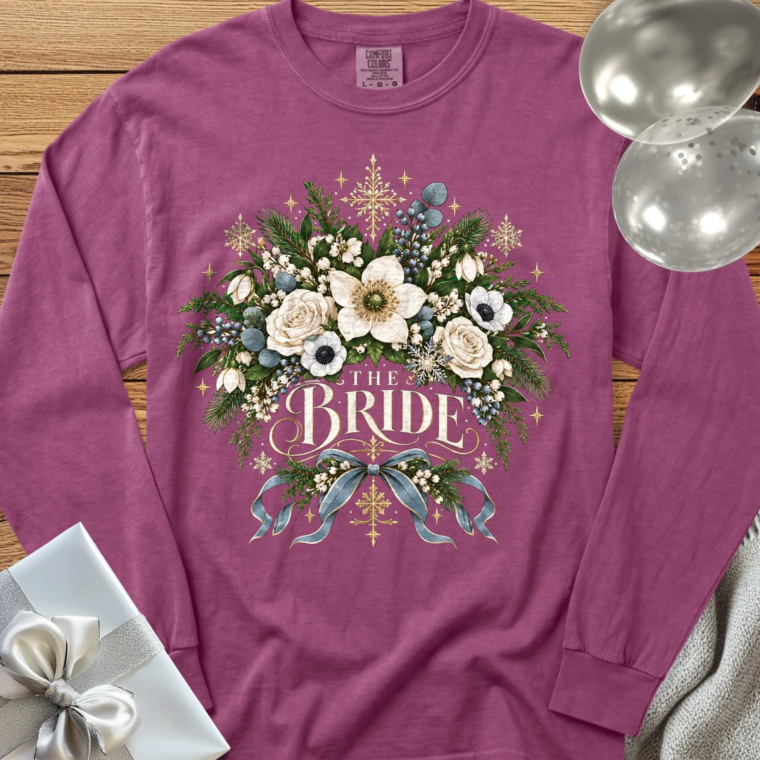 The Bride - Premium Winter Botanical Wedding Long Sleeve T-Shirt - Berry