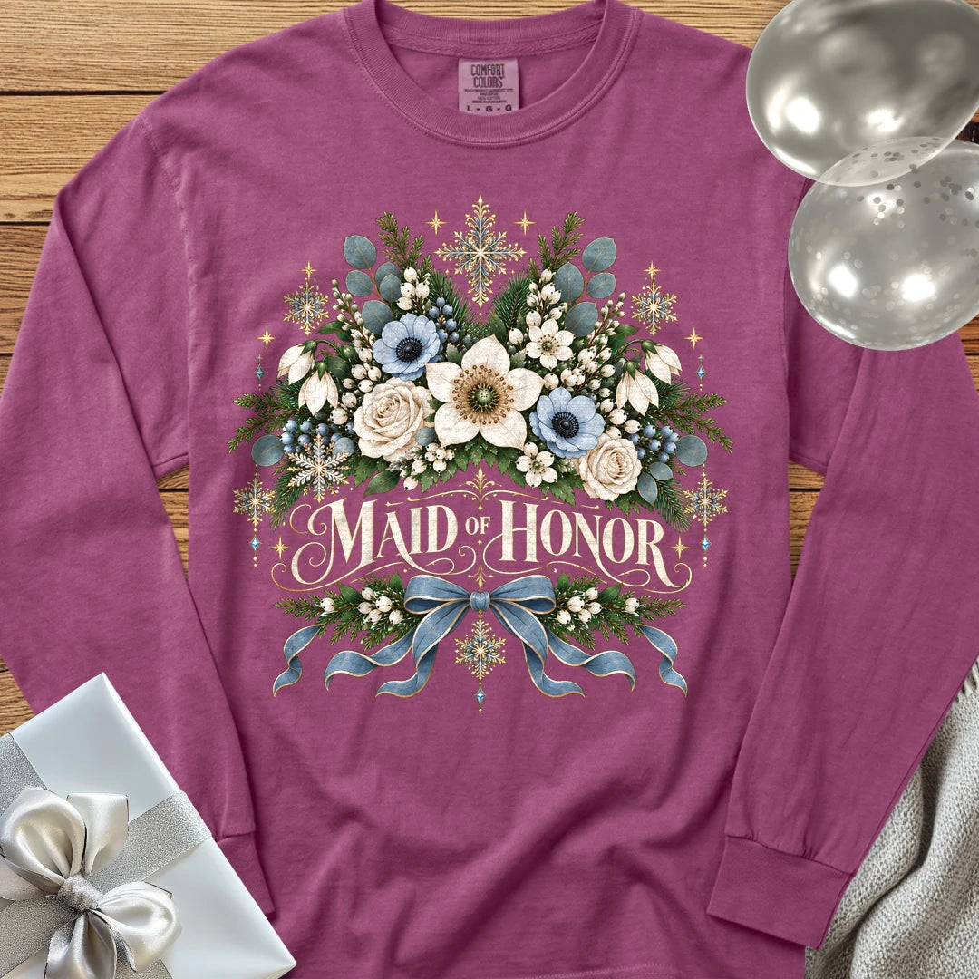Maid of Honor - Premium Winter Botanical Wedding Long Sleeve T-Shirt - Berry
