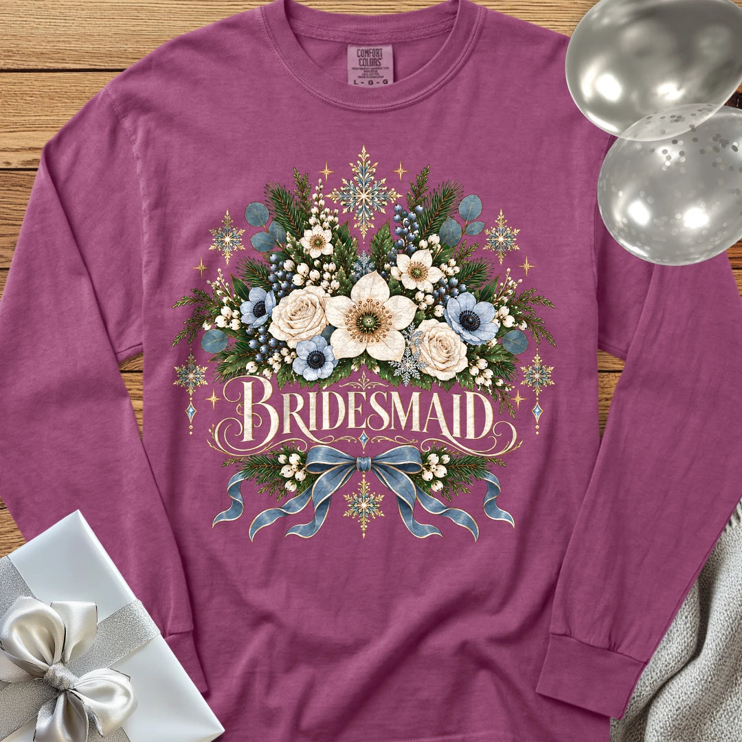 Bridesmaid - Premium Winter Botanical Wedding Long Sleeve T-Shirt - Berry