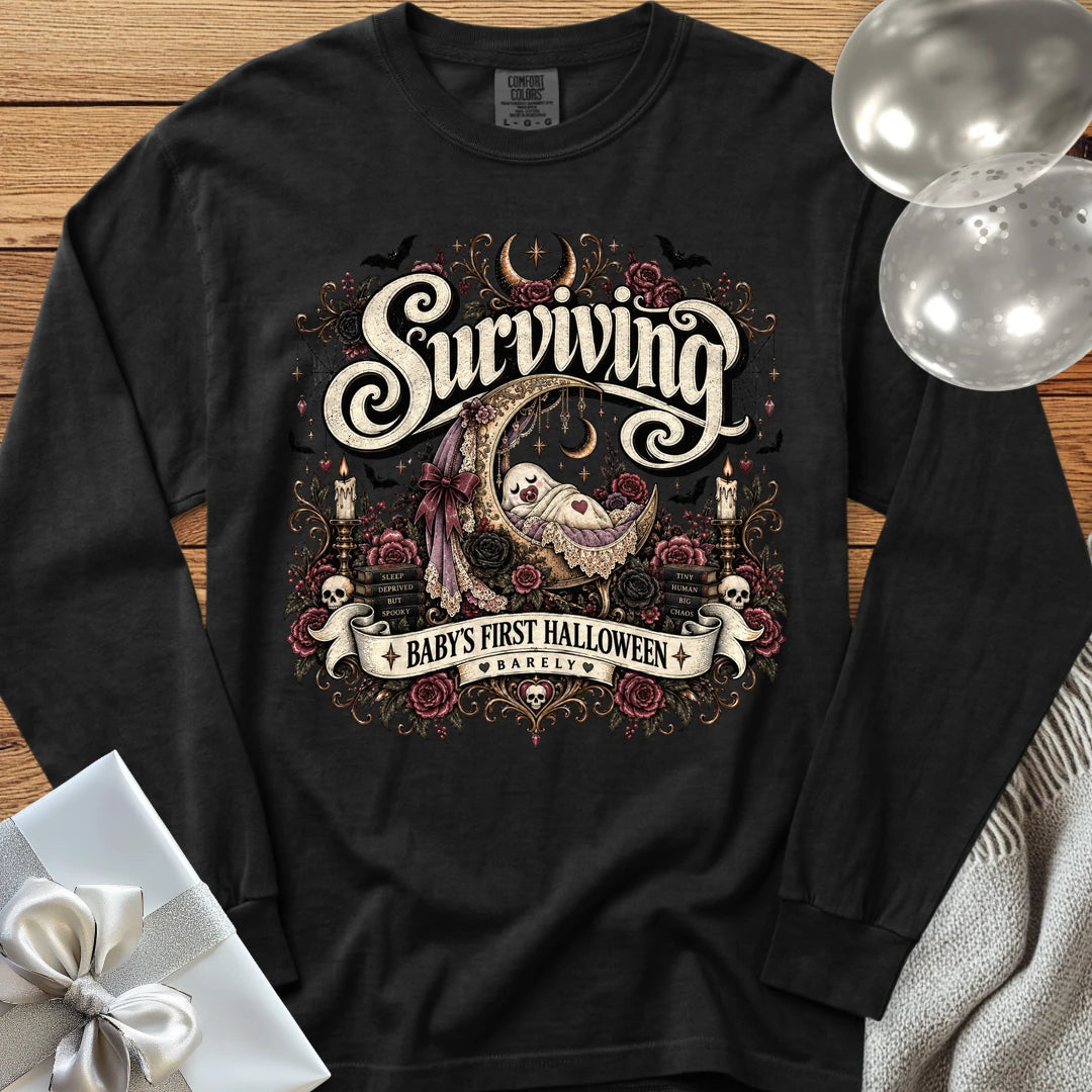 Surviving Baby's First Halloween, Barely - Premium Halloween New Parent Long Sleeve T-Shirt - Black