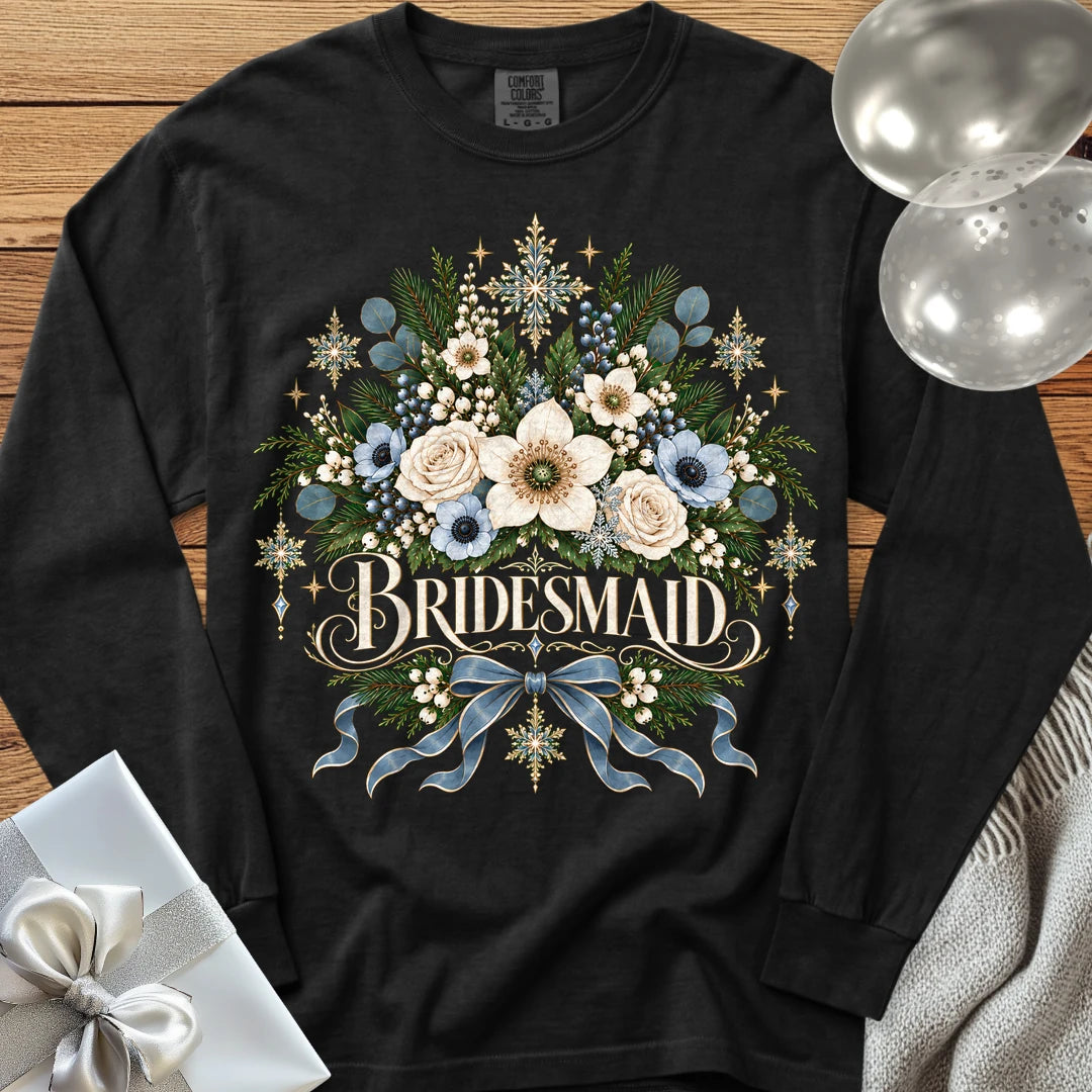 Bridesmaid - Premium Winter Botanical Wedding Long Sleeve T-Shirt - Black