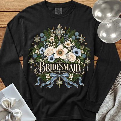 Bridesmaid - Premium Winter Botanical Wedding Long Sleeve T-Shirt - Black