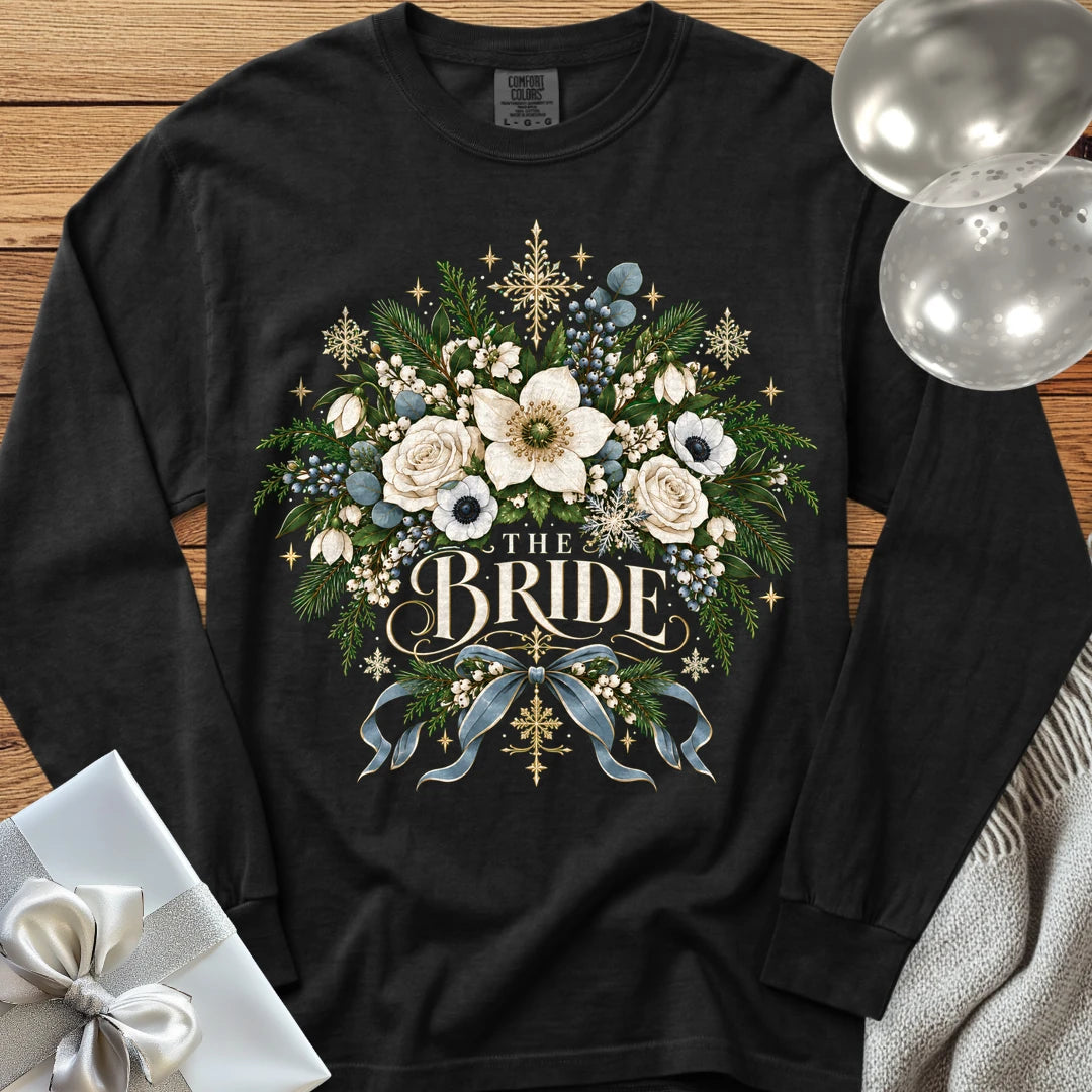 The Bride - Premium Winter Botanical Wedding Long Sleeve T-Shirt - Black