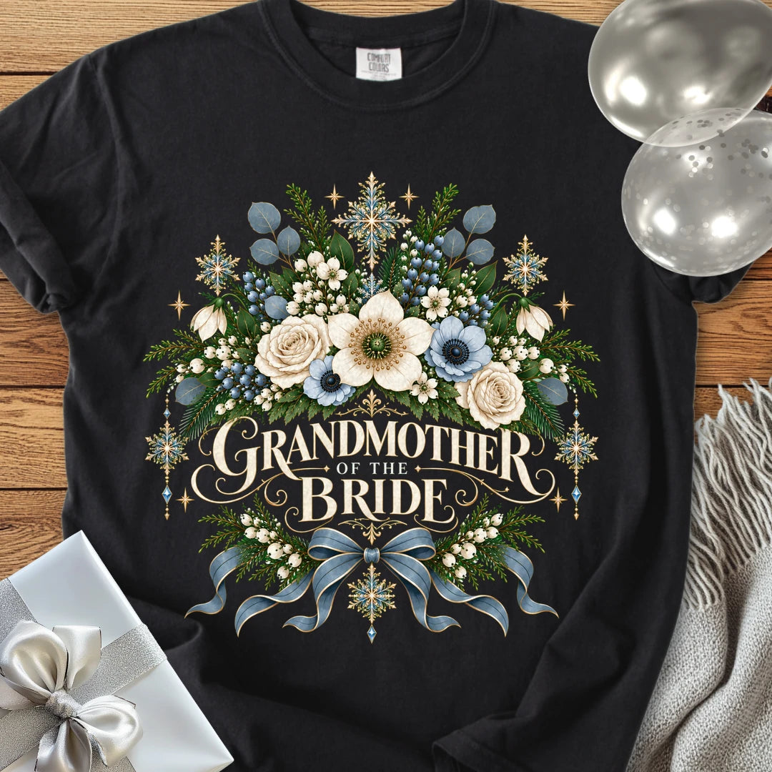 Grandmother of the Bride - Premium Winter Botanical Wedding T-Shirt - Black