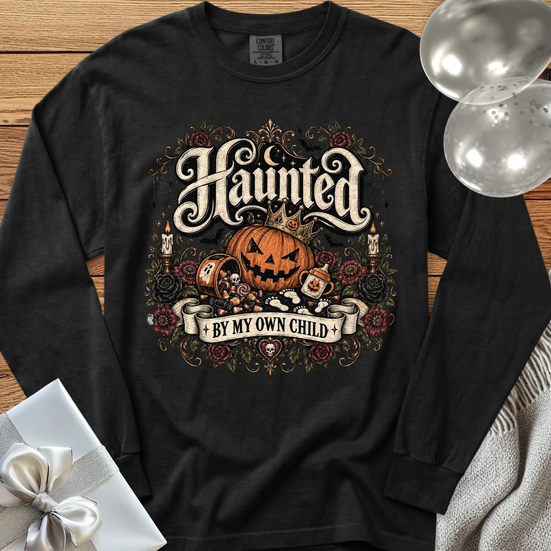 Haunted By My Own Child - Premium Halloween Parenting Long Sleeve T-Shirt - Black