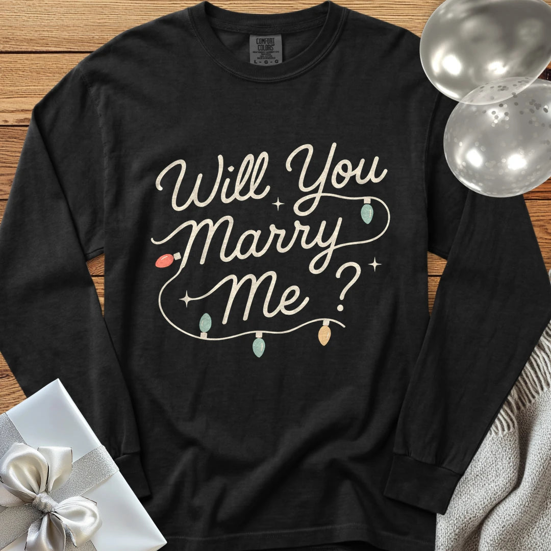 Will You Marry Me? (Christmas Lights) - Premium Christmas Proposal Long Sleeve T-Shirt - Black