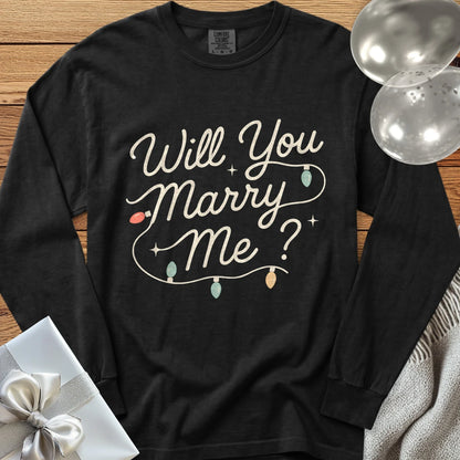 Will You Marry Me? (Christmas Lights) - Premium Christmas Proposal Long Sleeve T-Shirt - Black