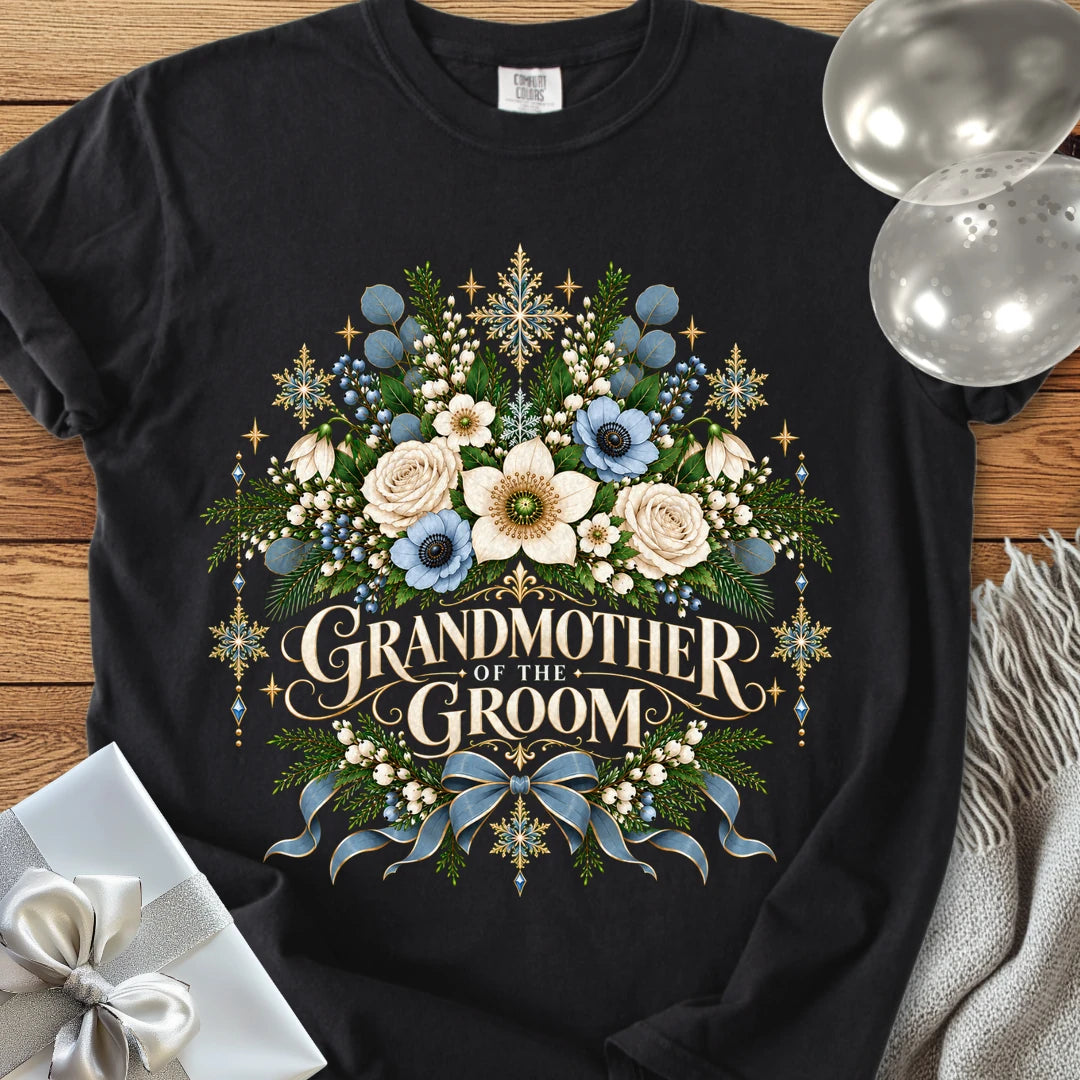 Grandmother of the Groom - Premium Winter Botanical Wedding T-Shirt - Black