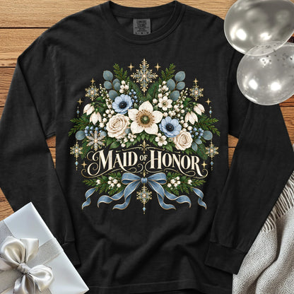 Maid of Honor - Premium Winter Botanical Wedding Long Sleeve T-Shirt - Black