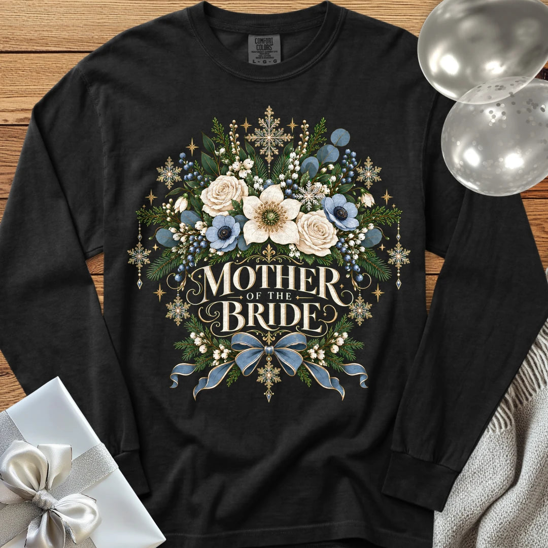 Mother of the Bride - Premium Winter Botanical Wedding Long Sleeve T-Shirt - Black