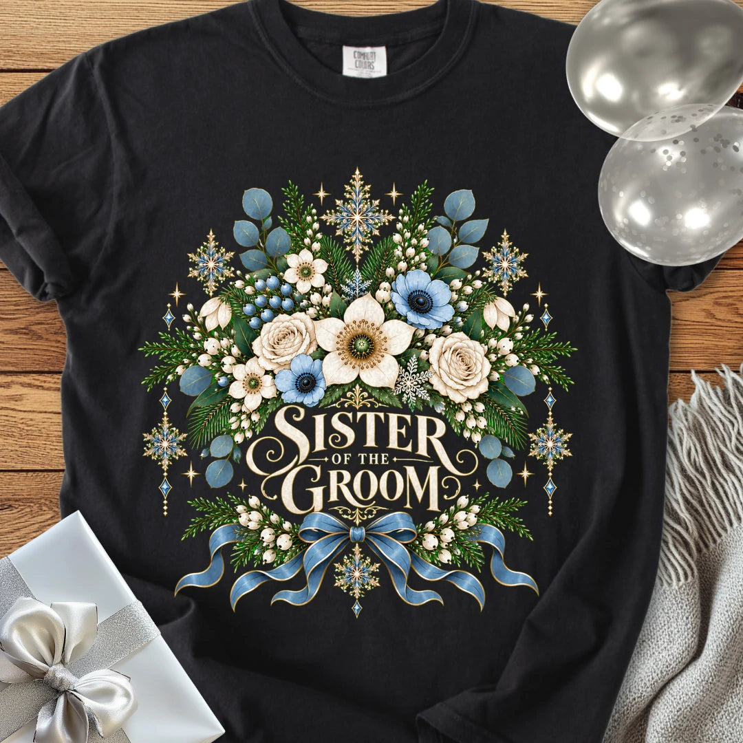 Sister of the Groom - Premium Winter Botanical Wedding T-Shirt - Black